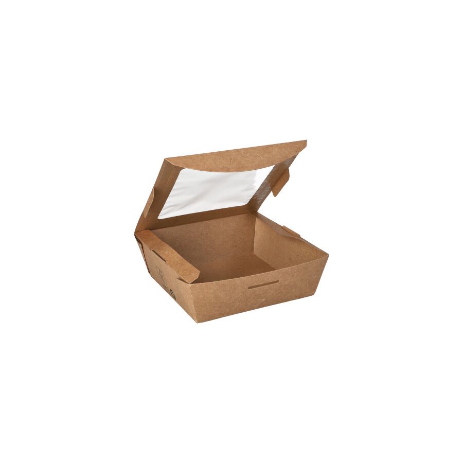 Feinkostboxen, Pappe mit Sichtfenster aus PLA eckig 650 ml14 x 14 cm x 4,5 cm braun "100% Fair" - Bild 1 Feinkostboxen, Pappe mit Sichtfenster aus PLA eckig 650 ml14 x 14 cm x 4,5 cm braun "100% Fair" - Bild 1