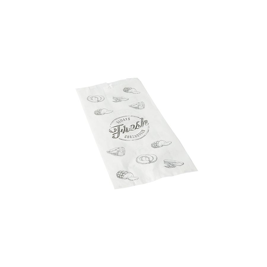 Metzgerfaltenbeutel, Kraftpapier, gefädelt 28 x 14 x 6 cm weiss "Wurstwaren" mit Druck, klein - Bild 1 Metzgerfaltenbeutel, Kraftpapier, gefädelt 28 x 14 x 6 cm weiss "Wurstwaren" mit Druck, klein - Bild 1