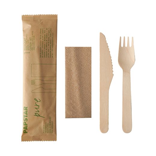 Besteckset, Holz "pure" : Messer, Gabel, Serviette in Papierbeutel 1