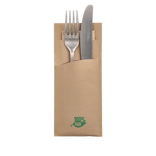 Bestecktaschen 20 cm x 8,5 cm braun "100% Fair" inkl. naturfarbener Serviette 33 x 33 cm 2-lag. 1