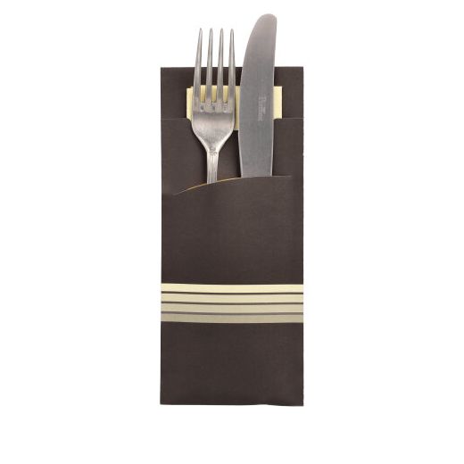 Bestecktaschen 20 cm x 8,5 cm schwarz/creme "Stripes" inkl. farbiger Serviette 33 x 33 cm 2-lag. 1