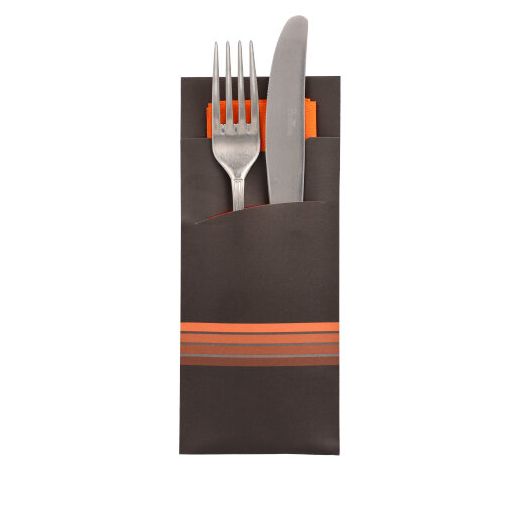 Bestecktaschen 20 cm x 8,5 cm schwarz/orange "Stripes" inkl. farbiger Serviette 33 x 33 cm 2-lag. 1