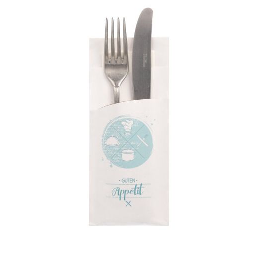 Bestecktaschen 20 cm x 8,5 cm weiss "Guten Appetit" inkl. weißer Serviette 33 x 33 cm 2-lag. 1