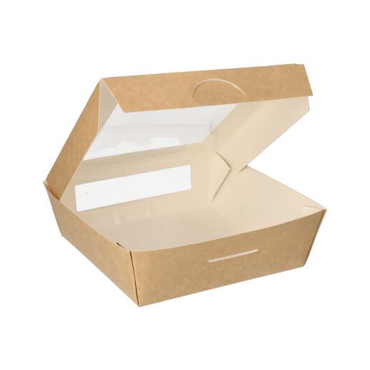 Feinkostboxen, Pappe mit Sichtfenster aus PLA eckig 1000 ml 16 cm x 16 cm x 5 cm braun 1