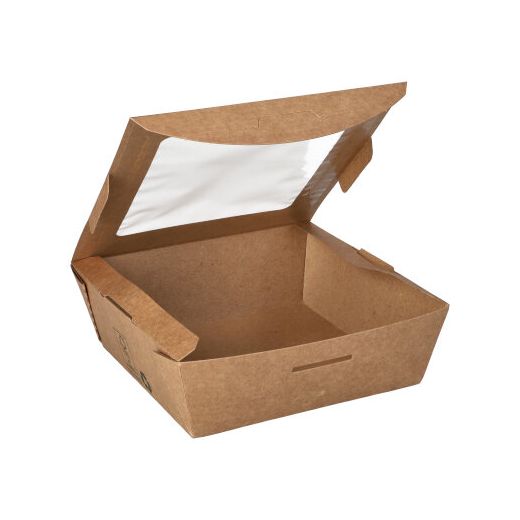 Feinkostboxen, Pappe mit Sichtfenster aus PLA eckig 650 ml 4,5 cm x 12 cm x 12 cm braun "100% Fair" 1