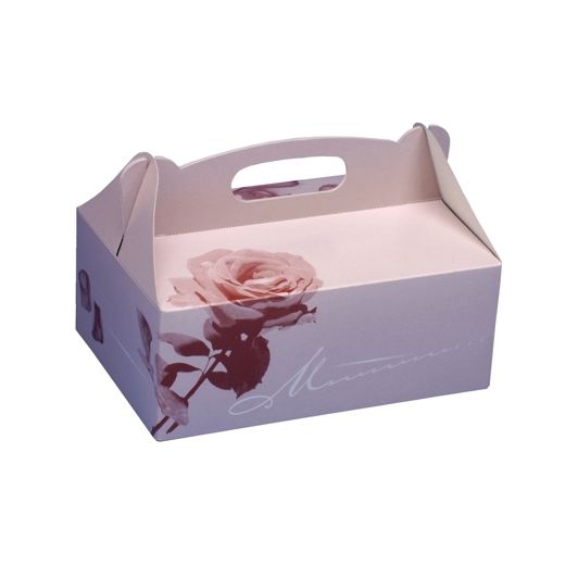 Gebäck-Kartons, Pappe eckig 16 cm x 10 cm x 9 cm rosé mit Tragegriff 1