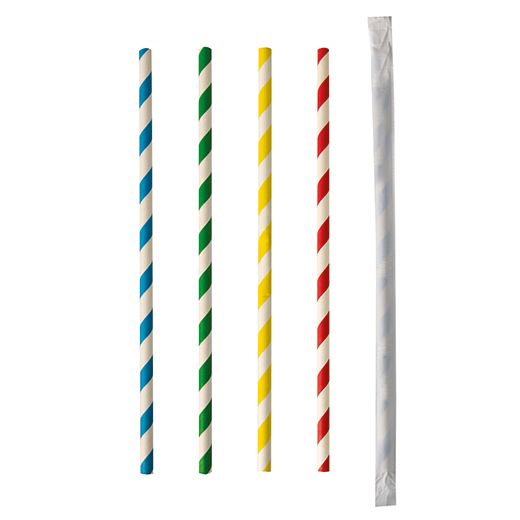 Trinkhalme, Papier Ø 6 mm · 20 cm farbig sortiert "Stripes" einzeln gehüllt 1