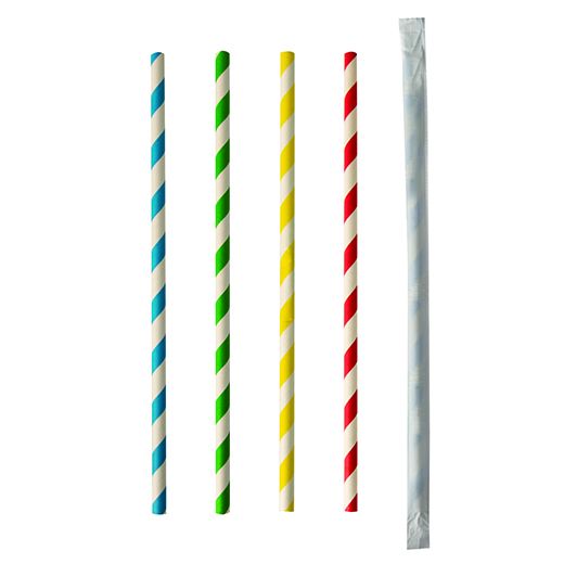 Trinkhalme, Papier Ø 6 mm · 20 cm farbig sortiert "Stripes" einzeln gehüllt 1