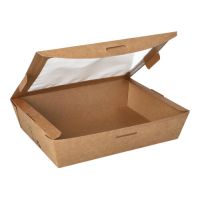 Feinkostboxen, Pappe mit Sichtfenster aus PLA "pure" eckig 1000 ml 4,5 cm x 18 cm x 13 cm braun "100% Fair"