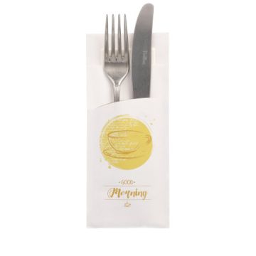Bestecktaschen 20 cm x 8,5 cm weiss "Good Morning" inkl. weißer Serviette 33 x 33 cm 2-lag.